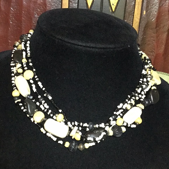Black White Seed Beaded and Carved Beads Bohemian Necklace 18”L Adj Handmade EVC - Picture 9 of 10